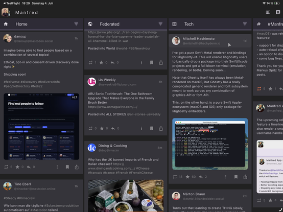 Screenshot showing the main screen of the ManfredApp including multiple custom columns for hashtags and lists.