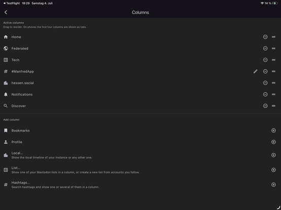Screenshot of the column configuration screen within the #ManfredApp